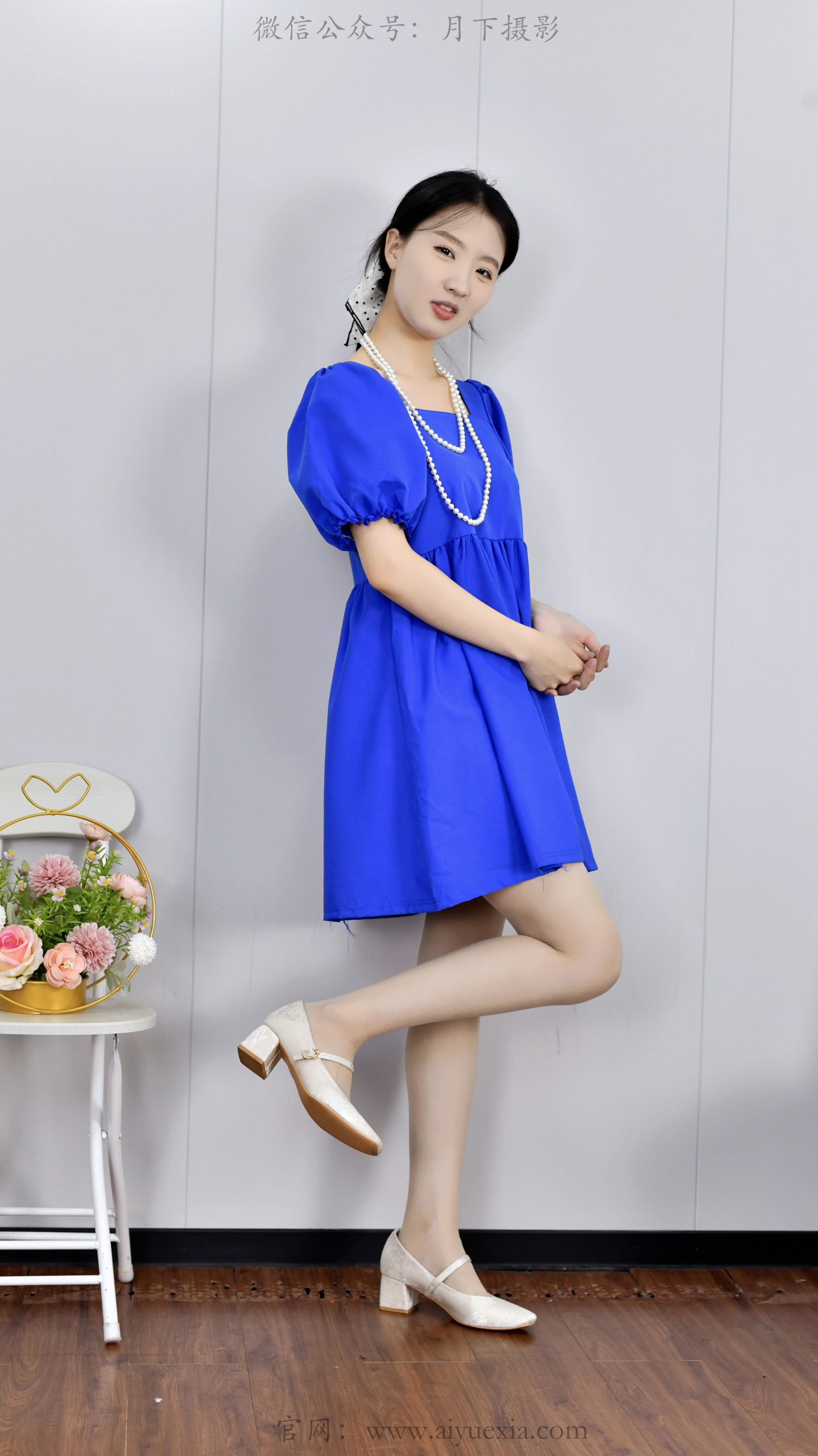 773/月月~【蓝调温柔】克莱因蓝裙映柔光，白鞋珍珠衬温婉。